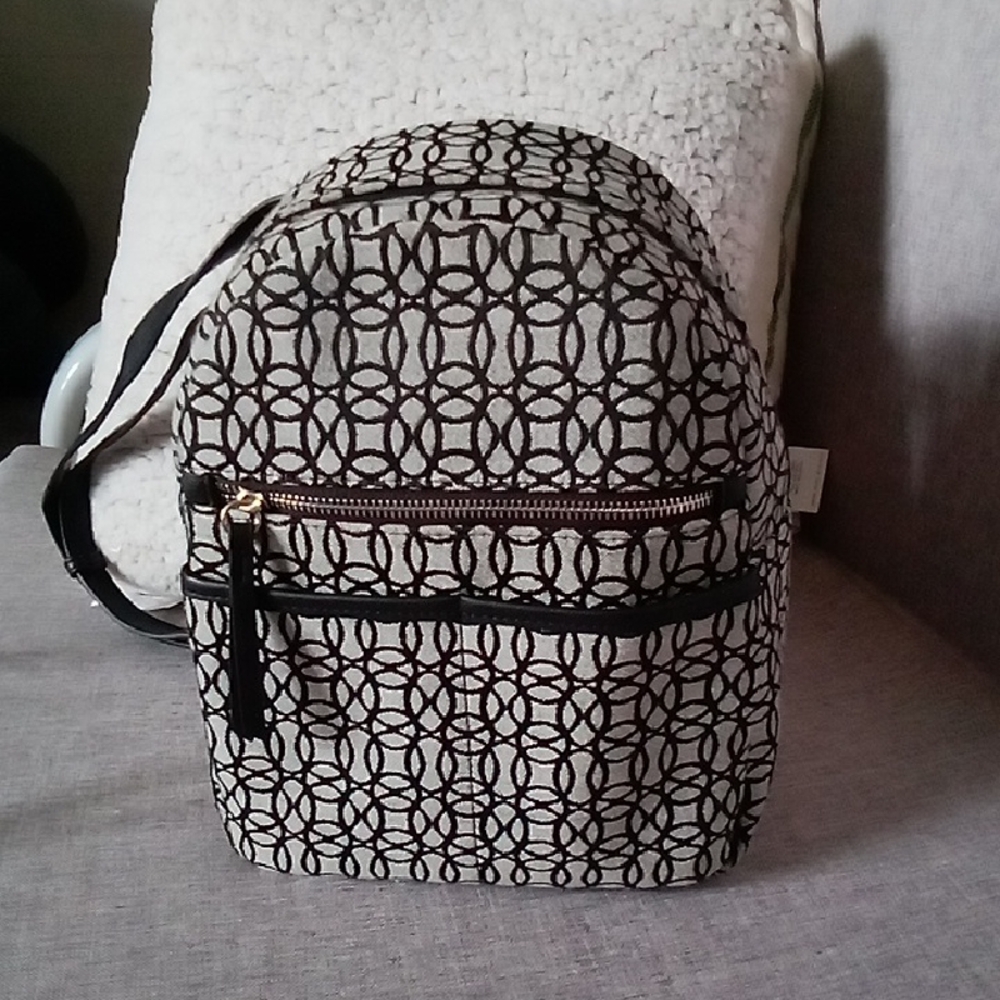 Patterned Canvas Crossbody Backpack - Black & Cream